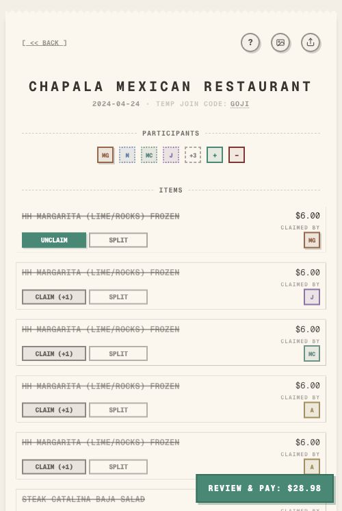Restaurant receipt split in TabChop on mobile