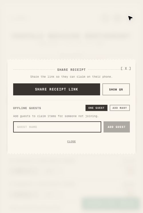 Mobile share receipt modal with offline guest options in TabChop