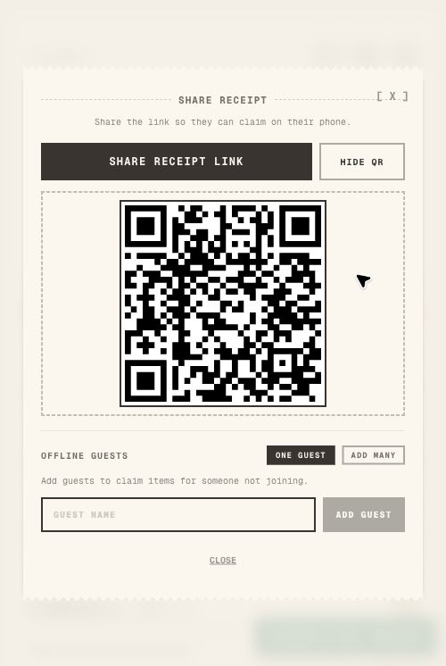 Mobile QR sharing modal for a receipt in TabChop