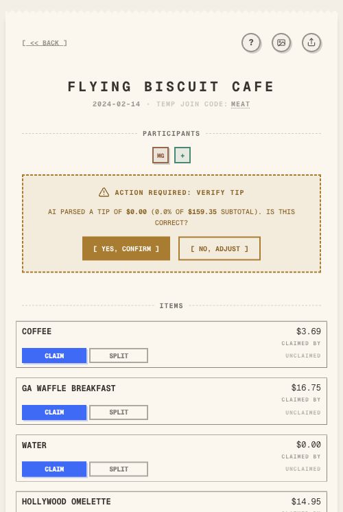 Brunch receipt with tip confirmation in TabChop on mobile