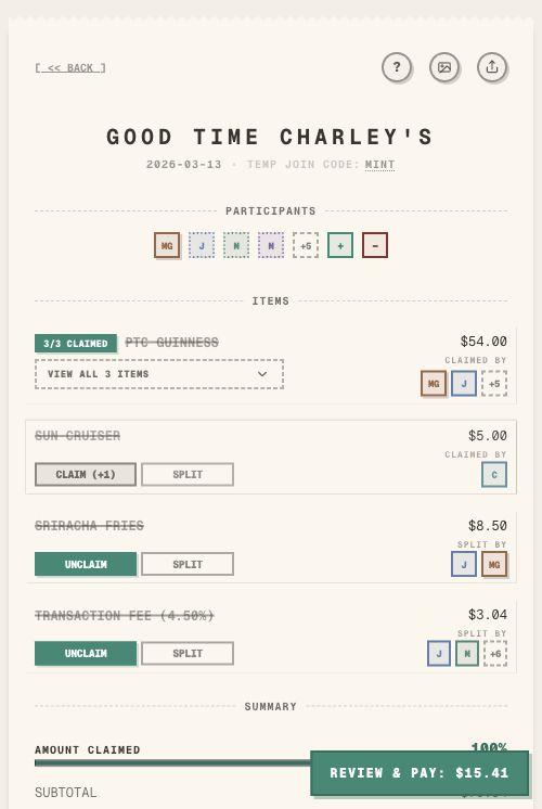 Bar tab receipt split in TabChop on mobile