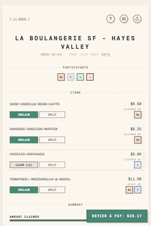 Cafe receipt split in TabChop on mobile