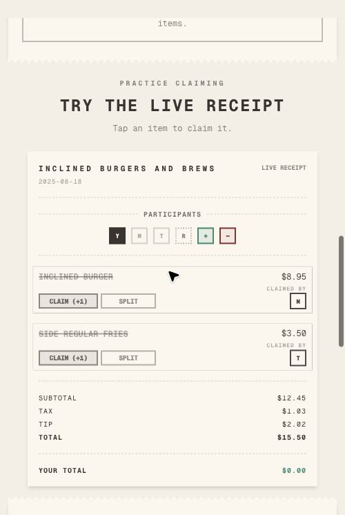 Live parsed receipt in TabChop on mobile