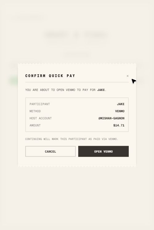 Quick Pay confirmation modal in TabChop on mobile