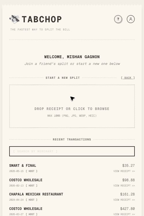 Mobile start-split screen in TabChop