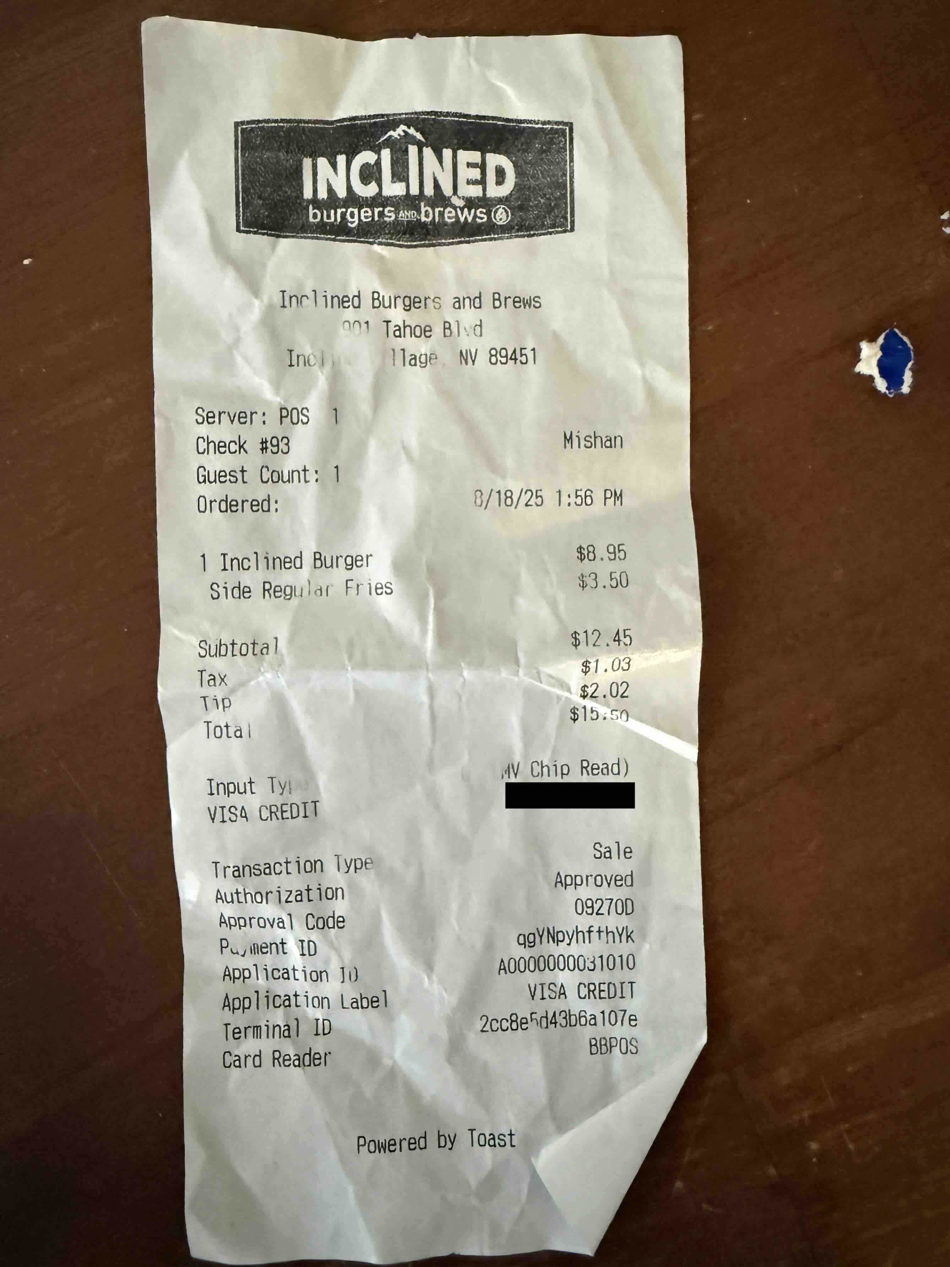 Inclined Burgers receipt